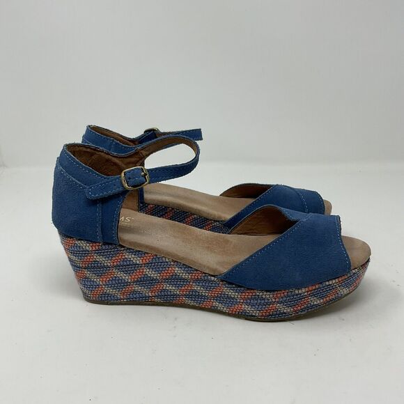 Toms Wedge Heel Shoes 7.5 Blue Suede Geometric Open Toe Sandals Ankle Strap - Picture 8 of 15